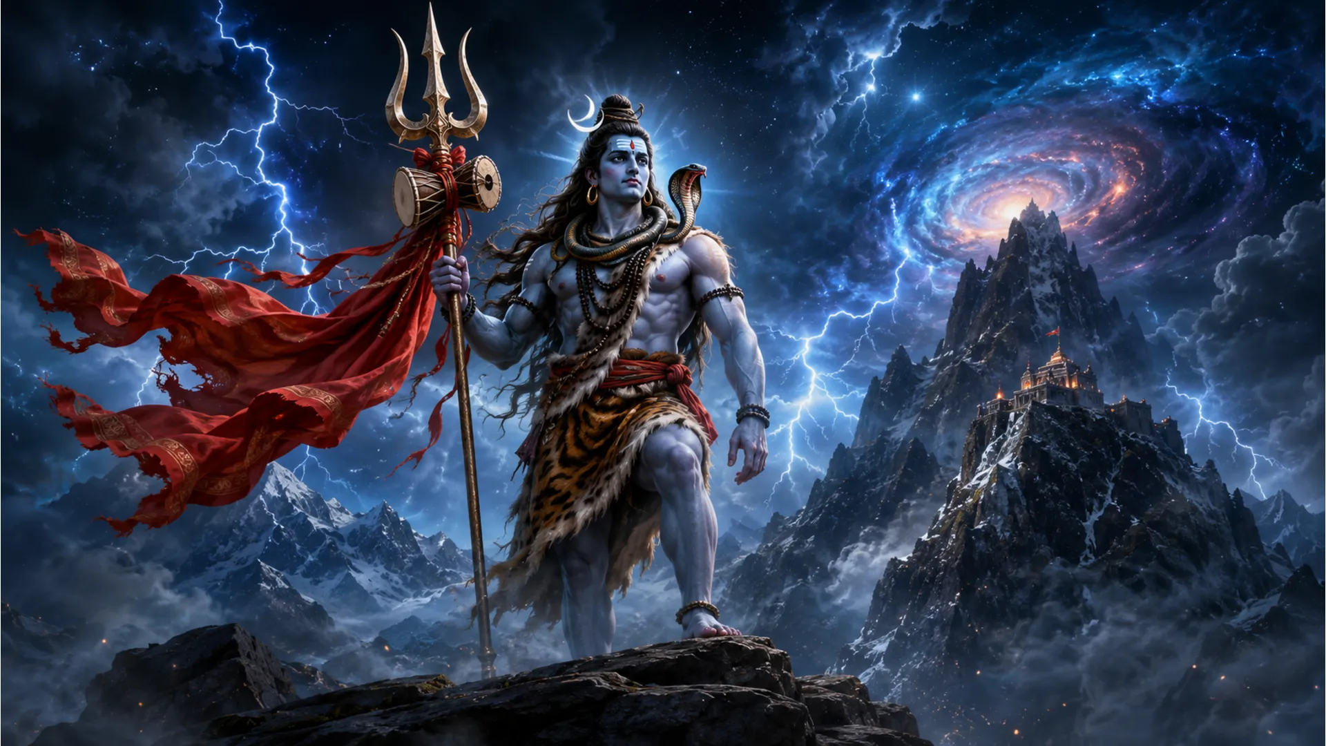 Lord Shiva holding his powerful Trishul and Damru against a dramatic sky HD wallpaper.