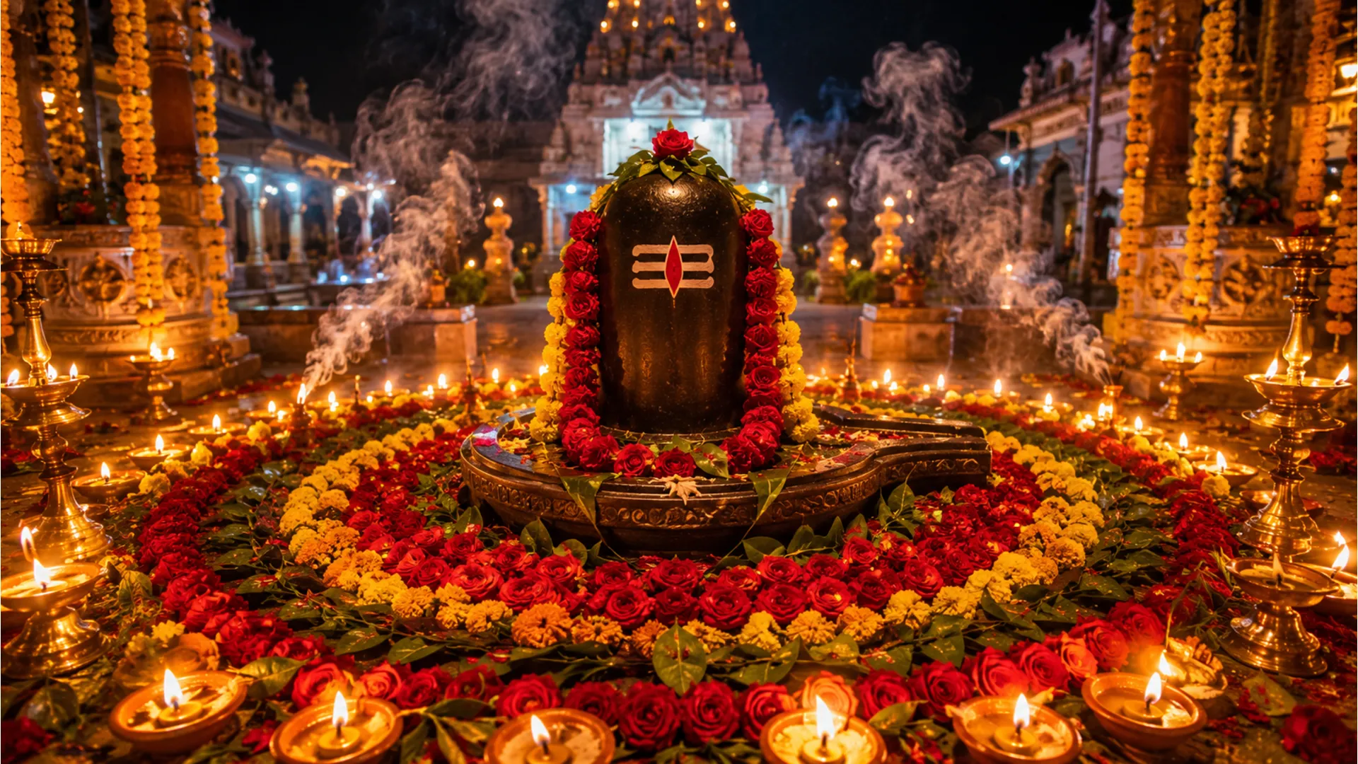 Colorful floral decoration and glowing lamps around Shiva Lingam during Mahashivratri
