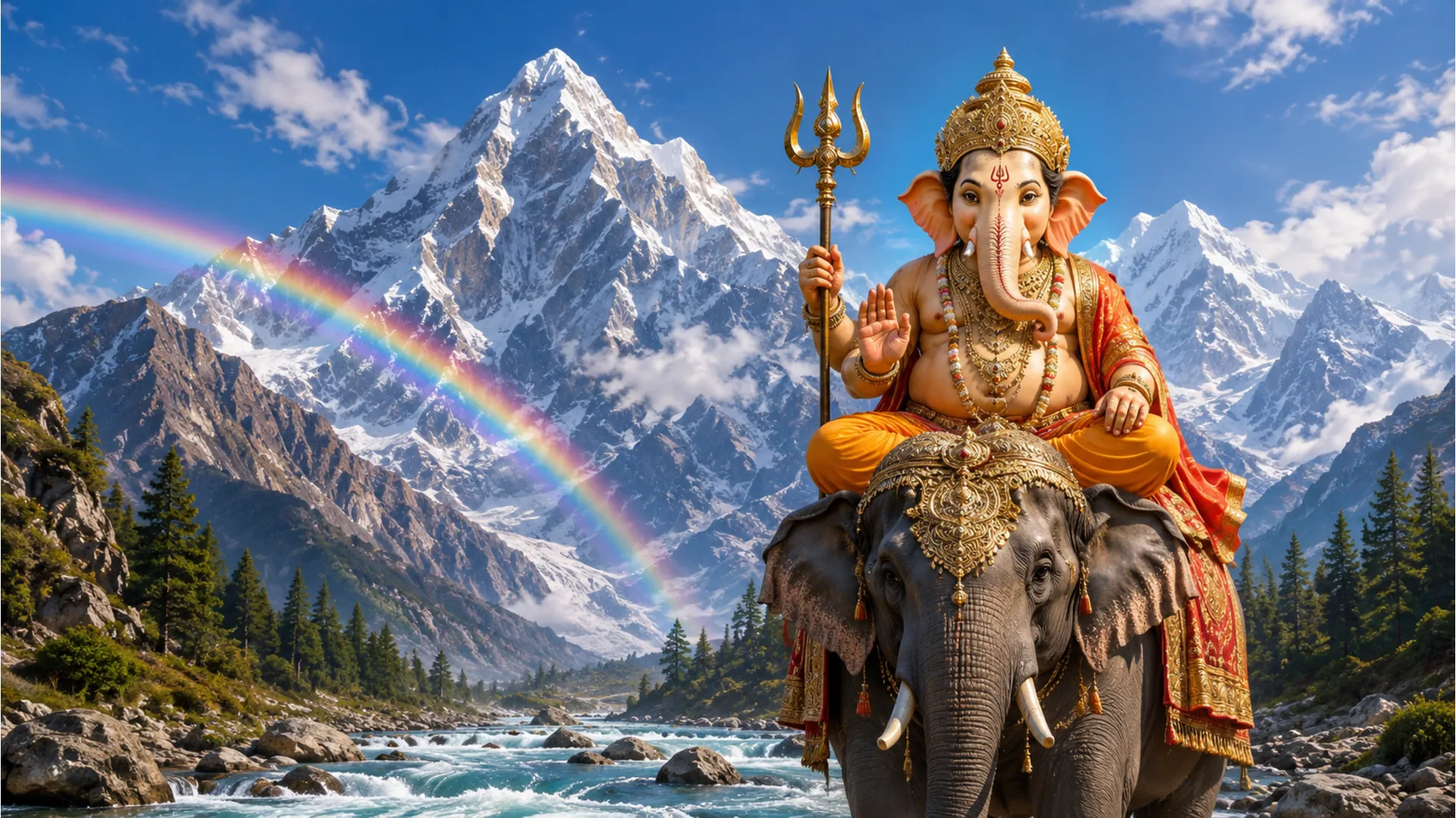 Lord Ganesha holding trident on elephant with massive snow mountains and rainbow background