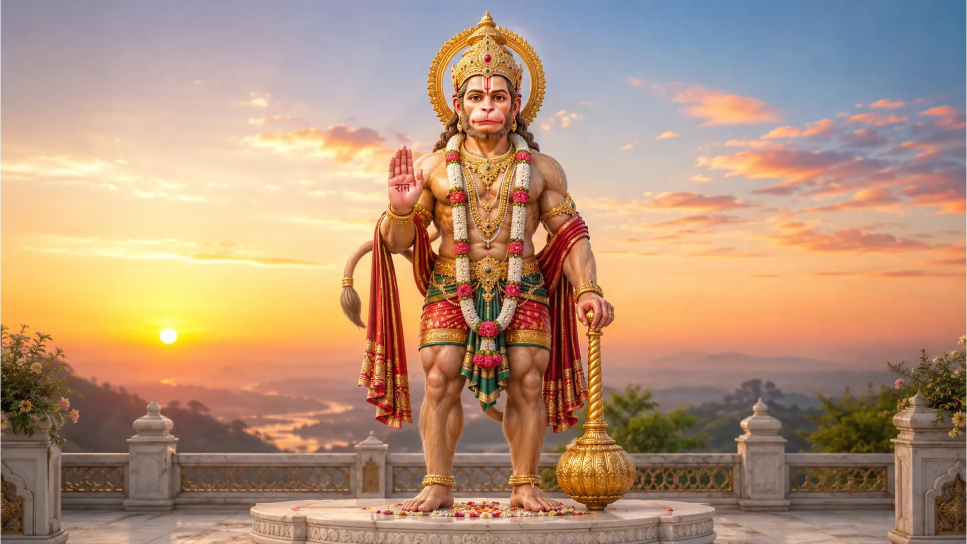 Lord Hanuman holding a mace in one hand while raising his other hand in a protective blessing posture.