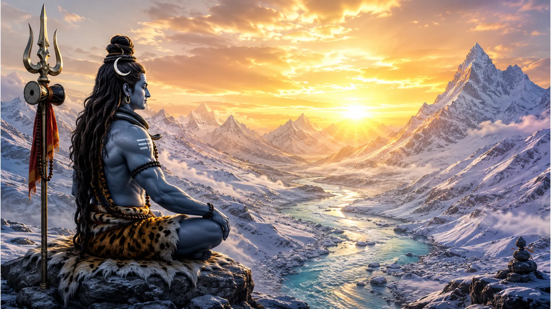 Majestic view of Lord Shiva with a trident beside him in golden sunrise light