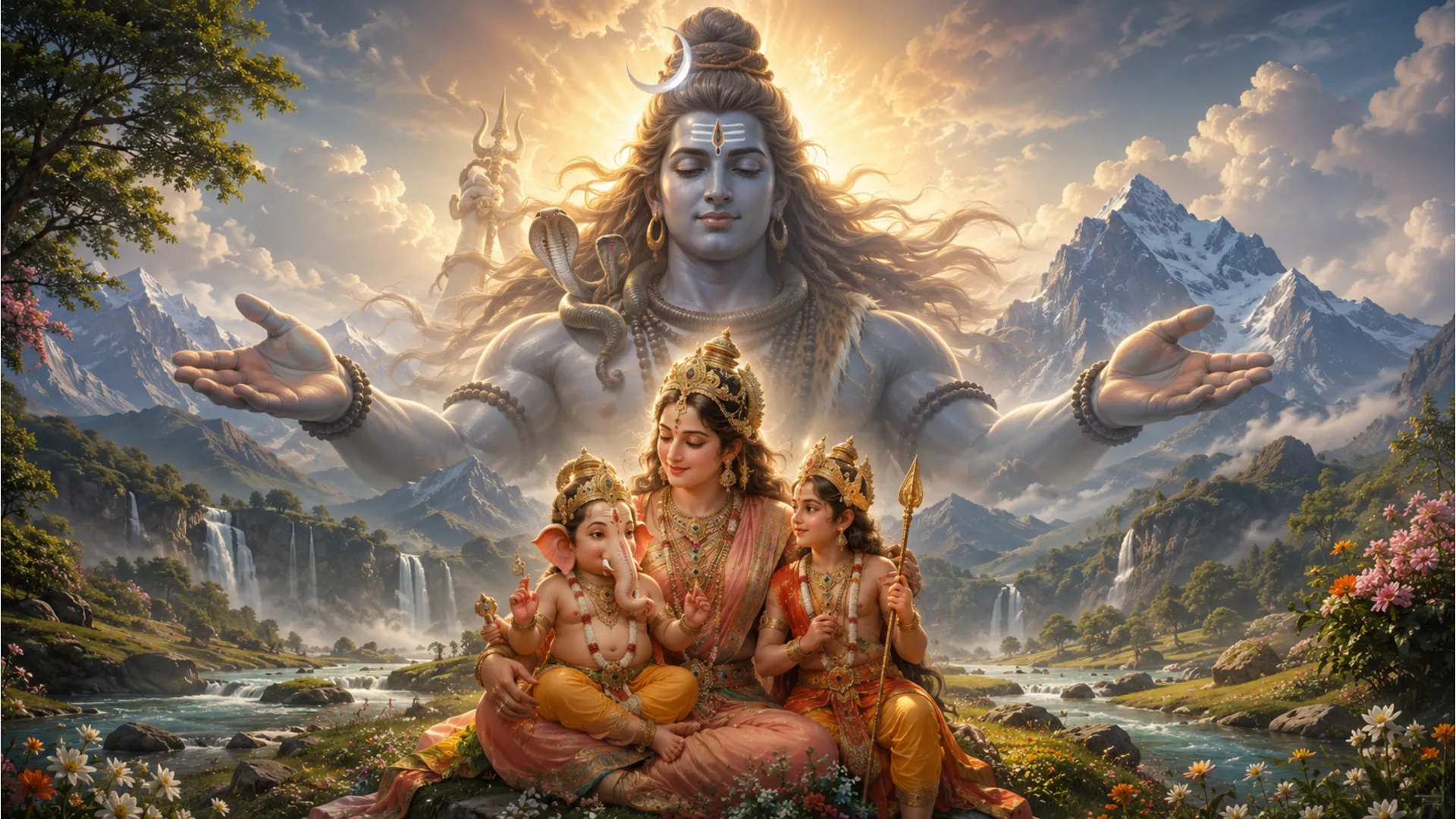 Full hd lord shiva family hd wallpapers 1080p showcasing the protective aura of Shiva.