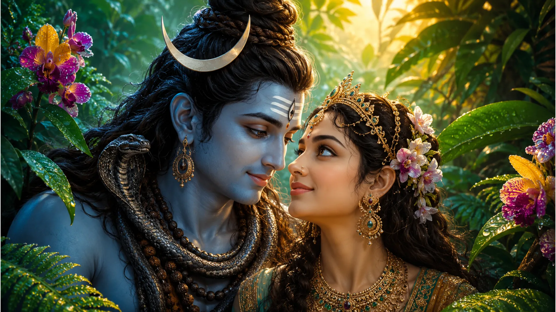 Close up romantic glance between Shiva and Parvati inside a lush emerald green jungle