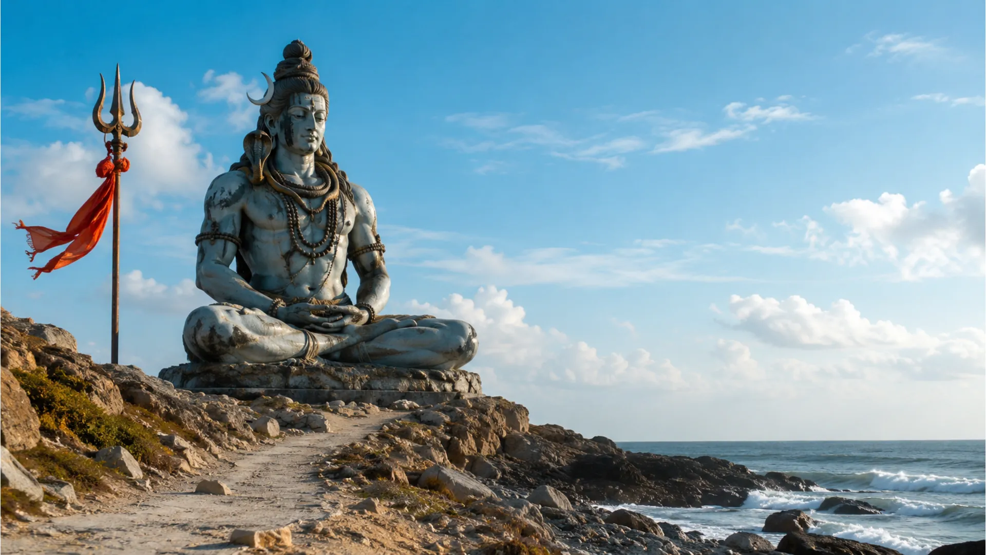 Large Lord Shiva statue sitting near rocky cliffs with ocean water and trident symbols