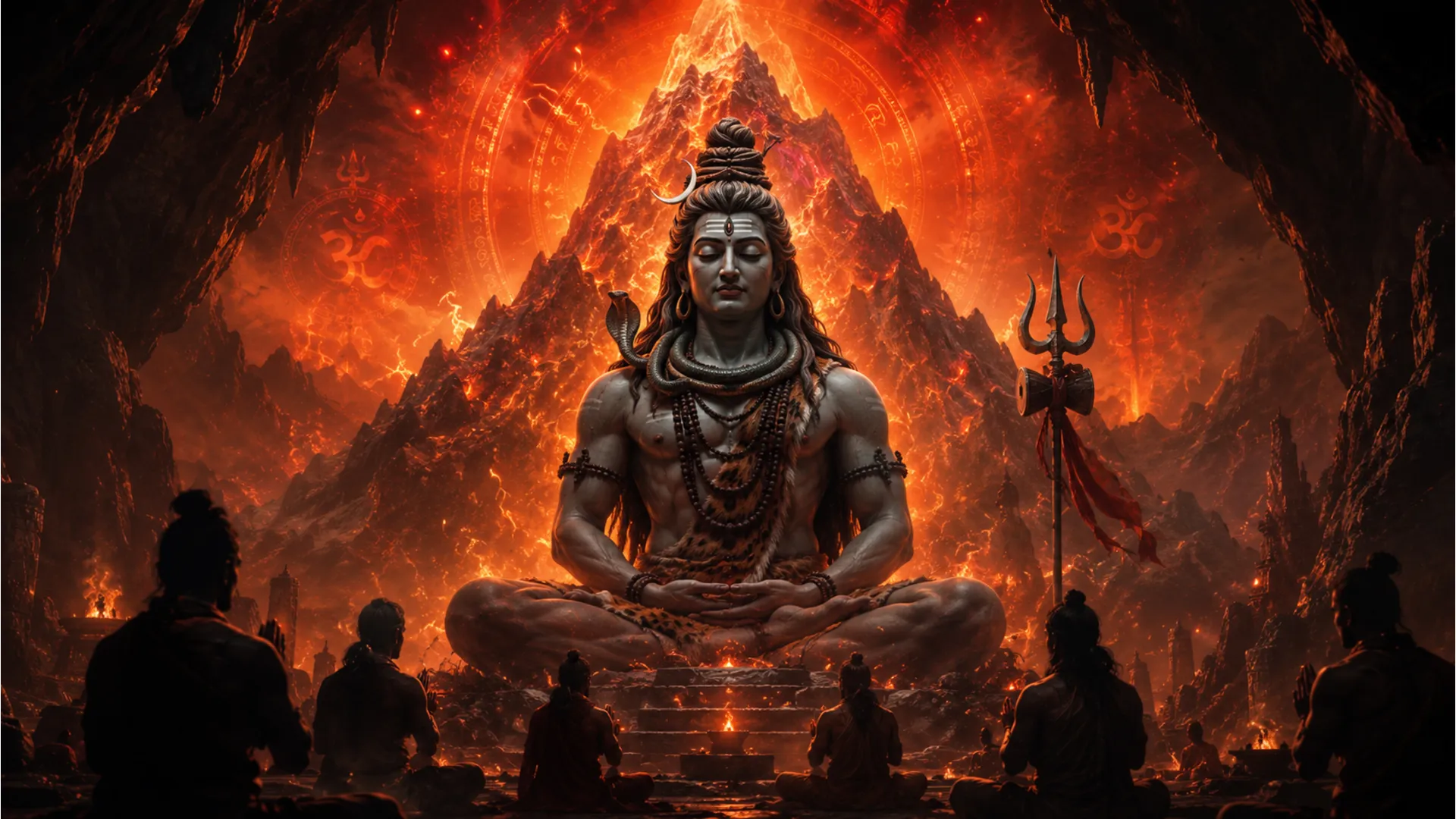 Lord Shiva sits in meditation inside a red glowing cave with silhouettes of devotees in front.