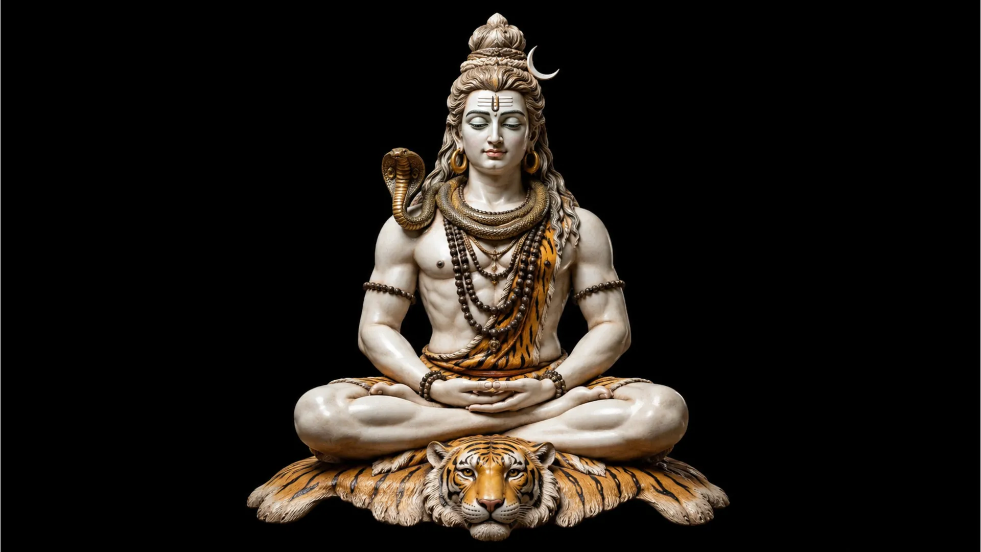 Statue of Lord Shiva seated in meditation with traditional ornaments and tiger-skin seat.
