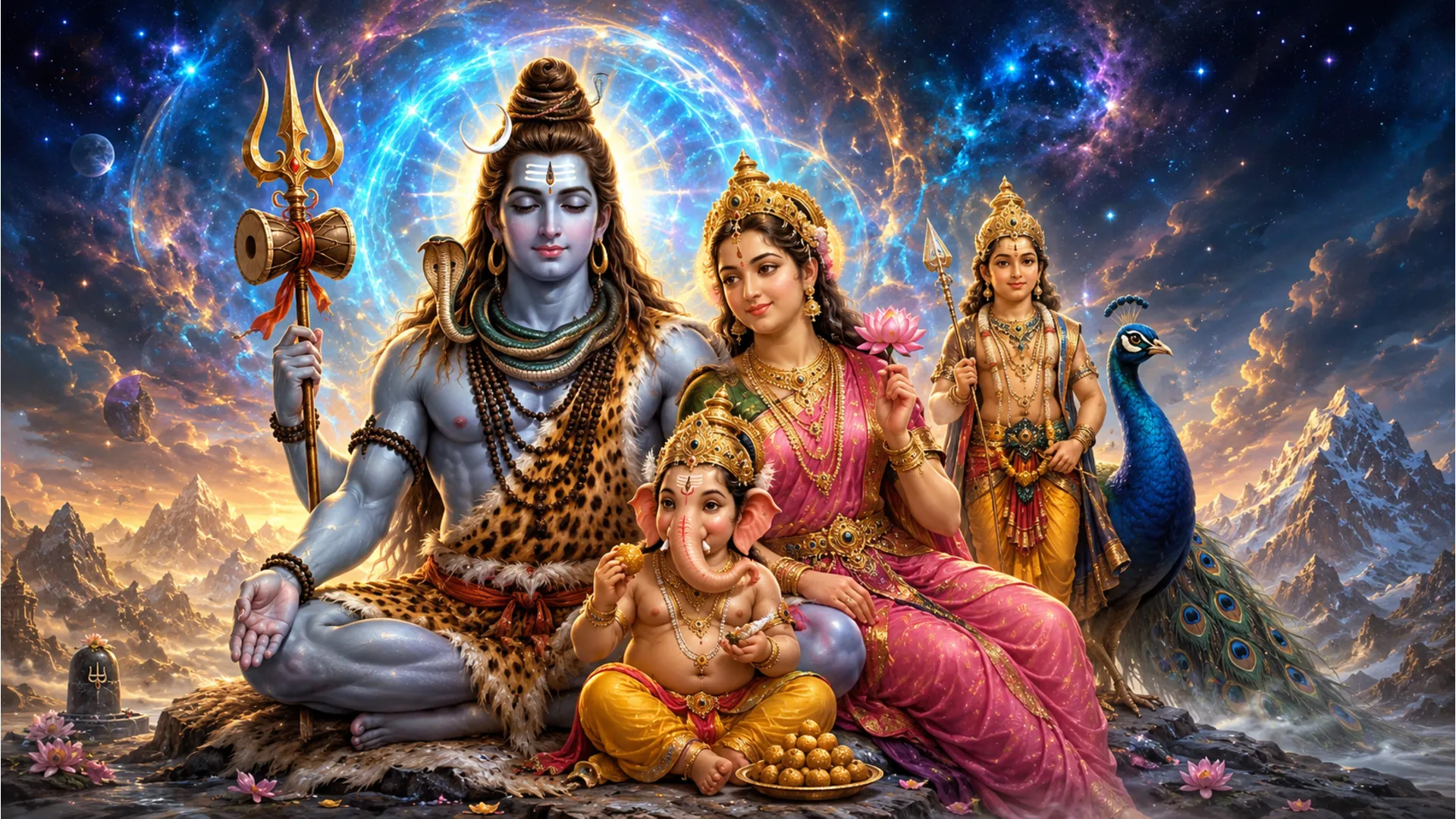 Full hd lord shiva family hd wallpapers 1080p with cosmic energy background for desktop.