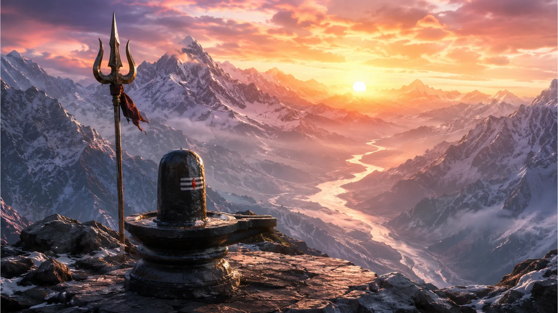 Shiva lingam on a mountain peak with a glowing sunrise and river background