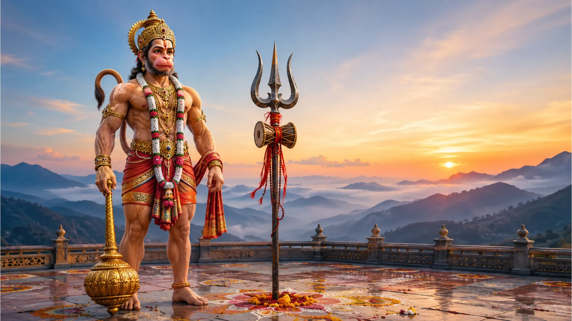 Lord Hanuman standing with a golden mace next to a traditional trident under a soft dawn sky.