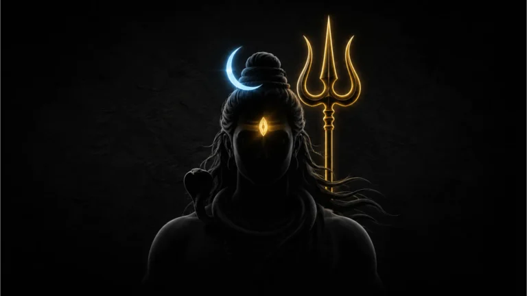 A modern minimalist silhouette of Lord Shiva with a glowing third eye and Trishul background.