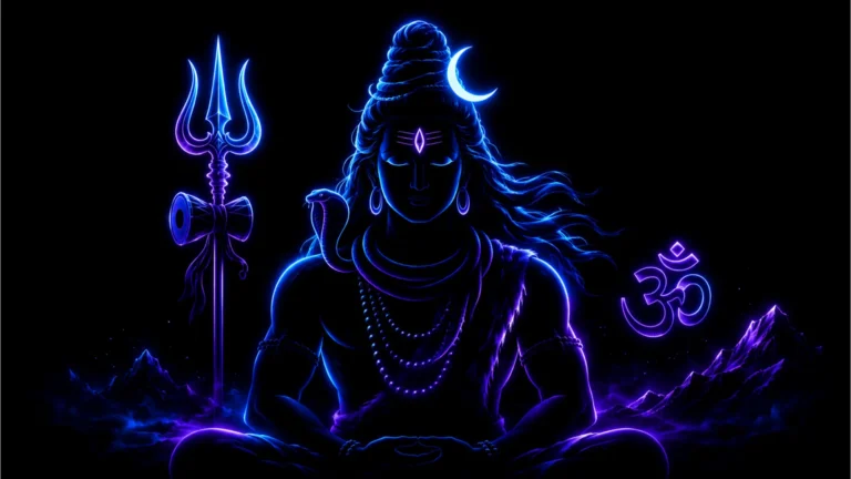 Modern minimalist neon glowing outline of Lord Shiva spiritual 1080p HD wallpaper.