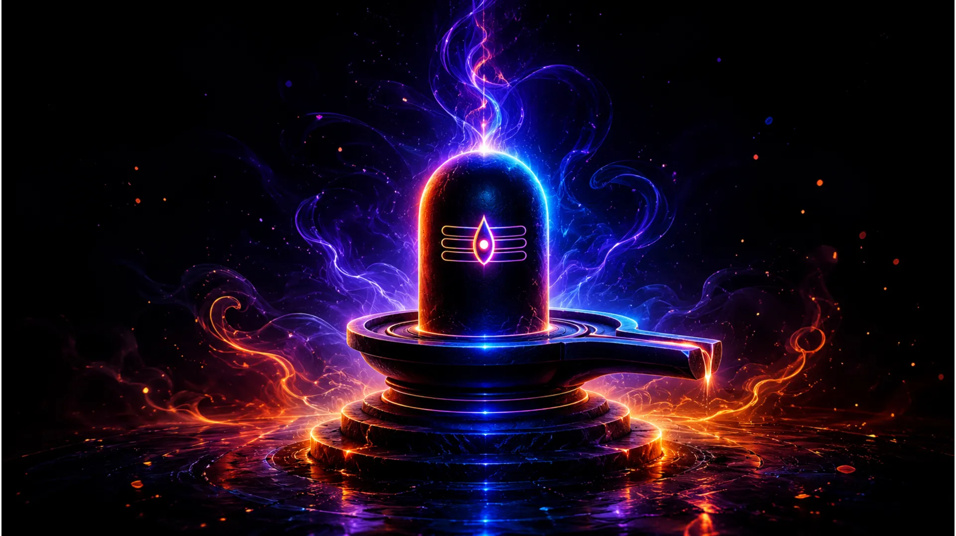 Abstract digital art of a glowing neon Shiva lingam with artistic spiritual energy lines.