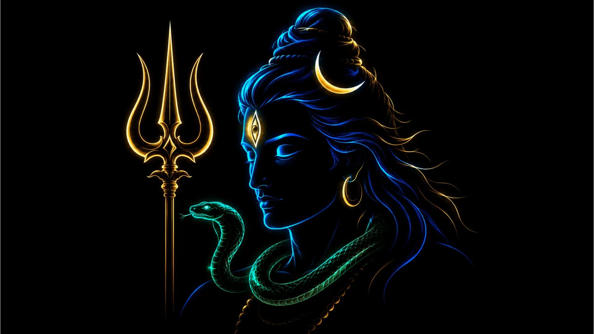 Abstract neon outline of Lord Shiva with Trishul for modern smartphone screens.