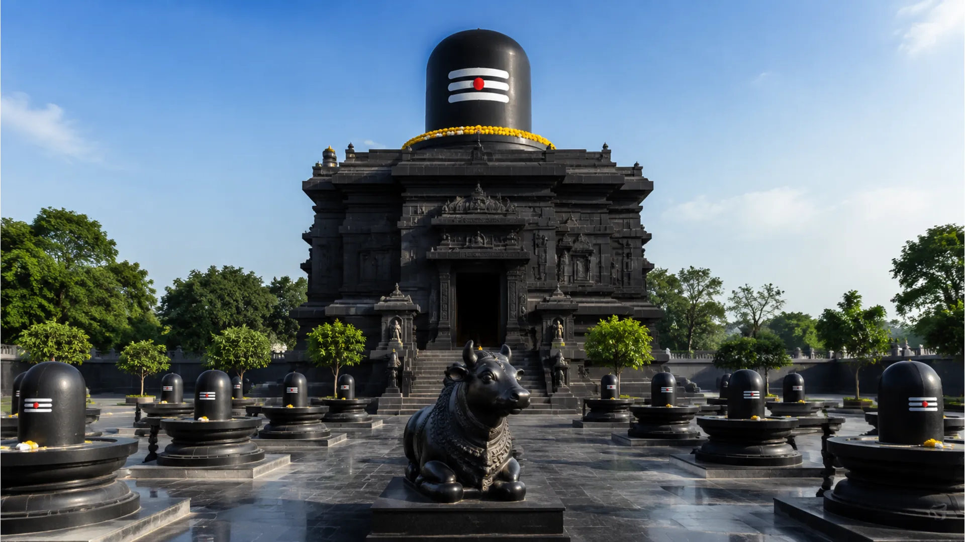 Large black temple structure with Shiva Lingam and surrounding smaller lingams