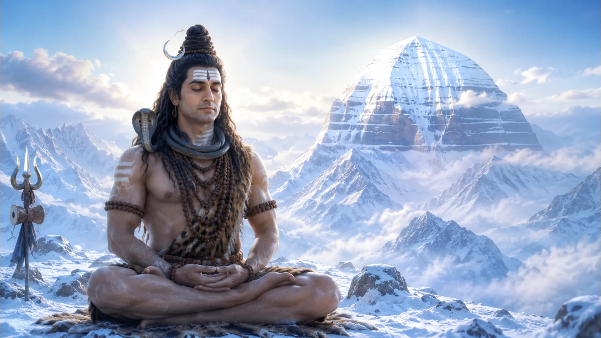 Mohit Raina portraying Lord Shiva sitting in a peaceful meditative posture on Mount Kailash.