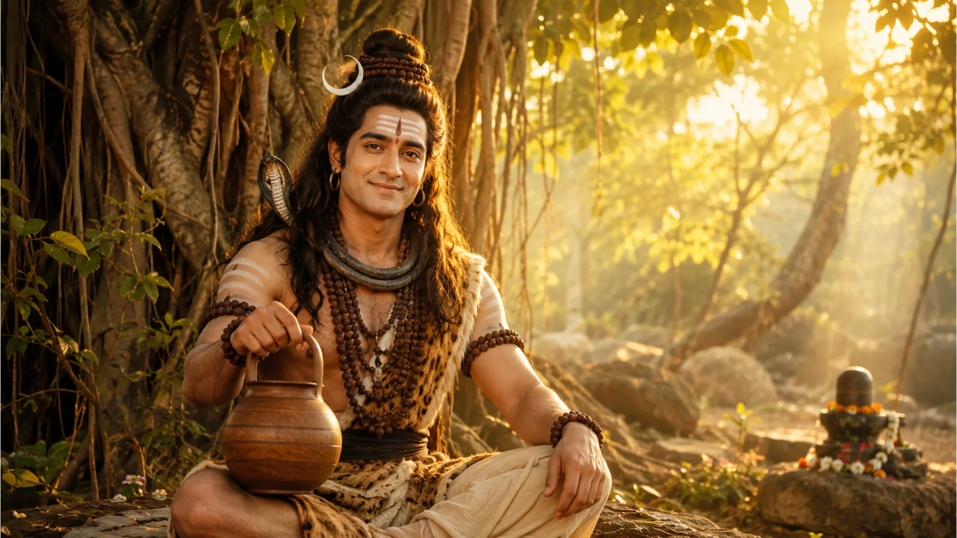 A gentle and smiling photo of Mohit Raina as Bholenath holding a traditional kamandalu.