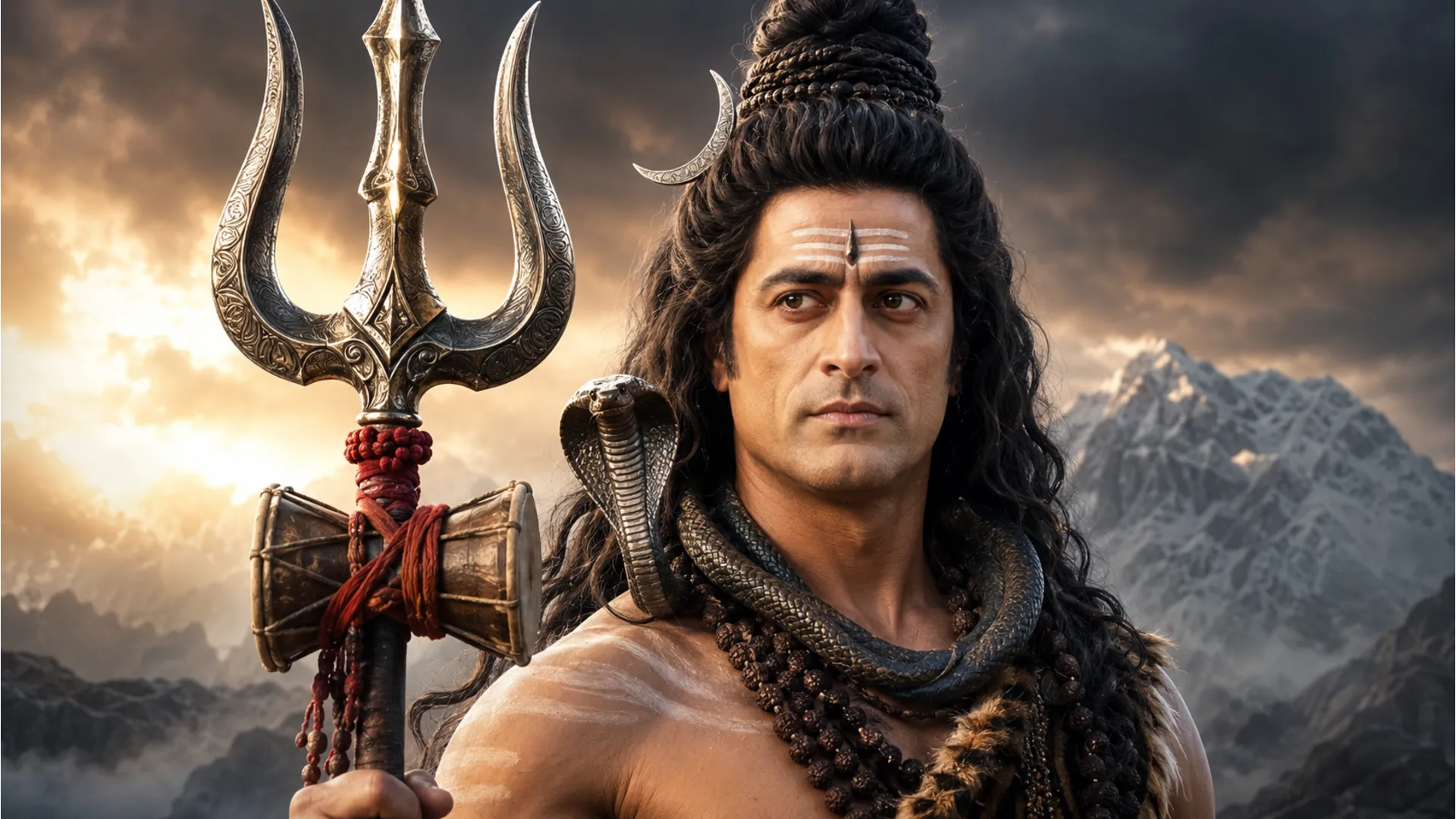 Close-up shot of Mohit Raina as Mahadev holding the sacred Trishul with a fierce gaze.