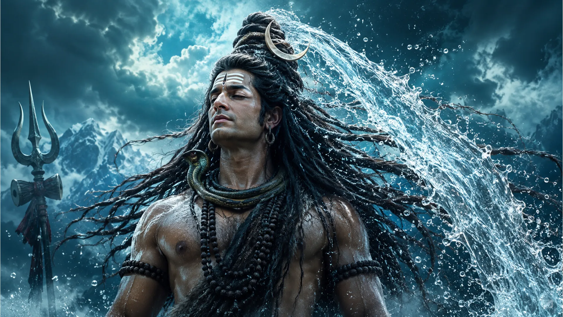 Mohit Raina as Mahadev locking the river Ganges in his matted hair locks.