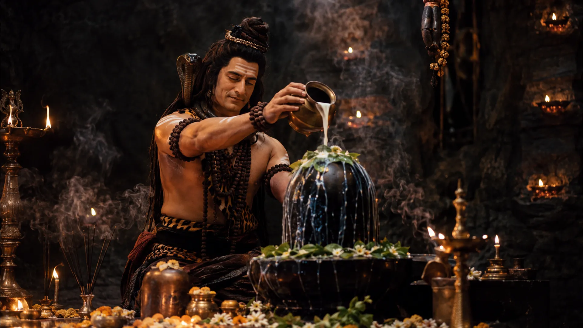 Mohit Raina as Lord Shiva performing ritualistic offering over a sacred Shiva Lingam.