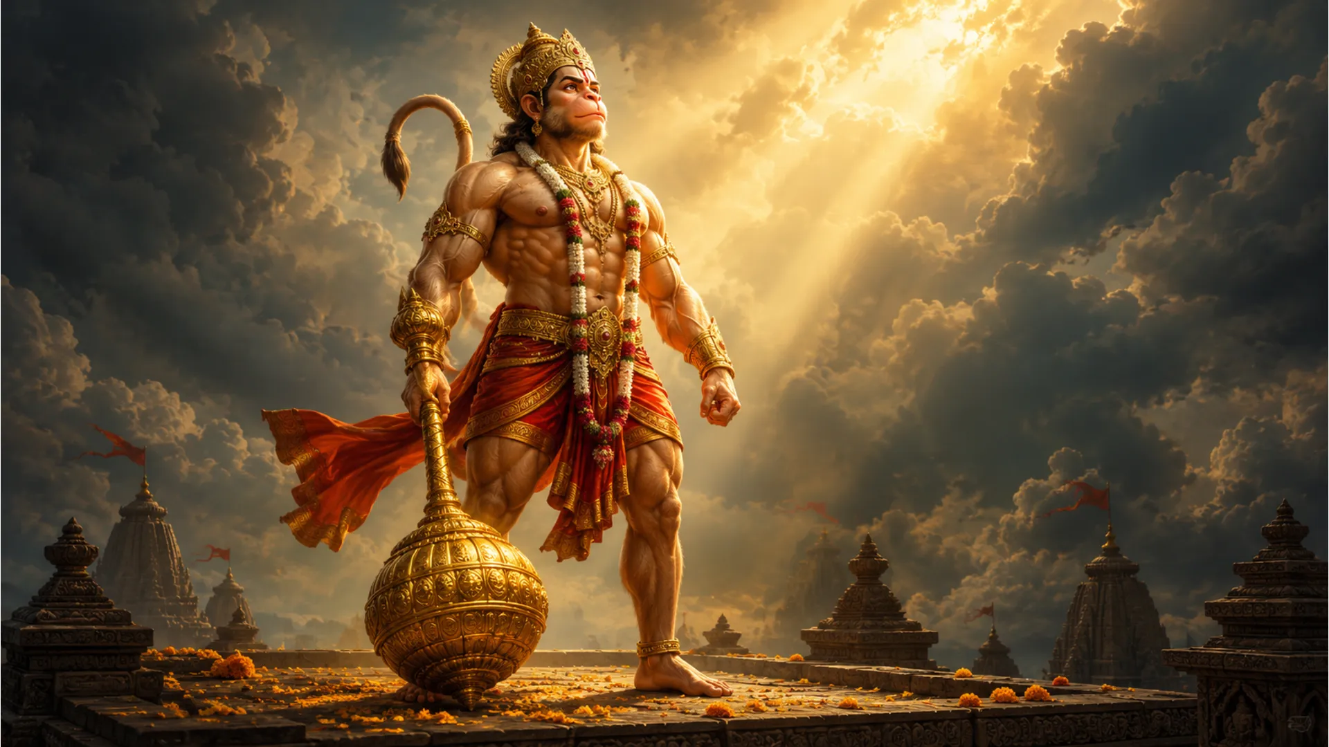 : Muscular Lord Hanuman holding a heavy golden gada while standing firmly on an ancient stone platform.