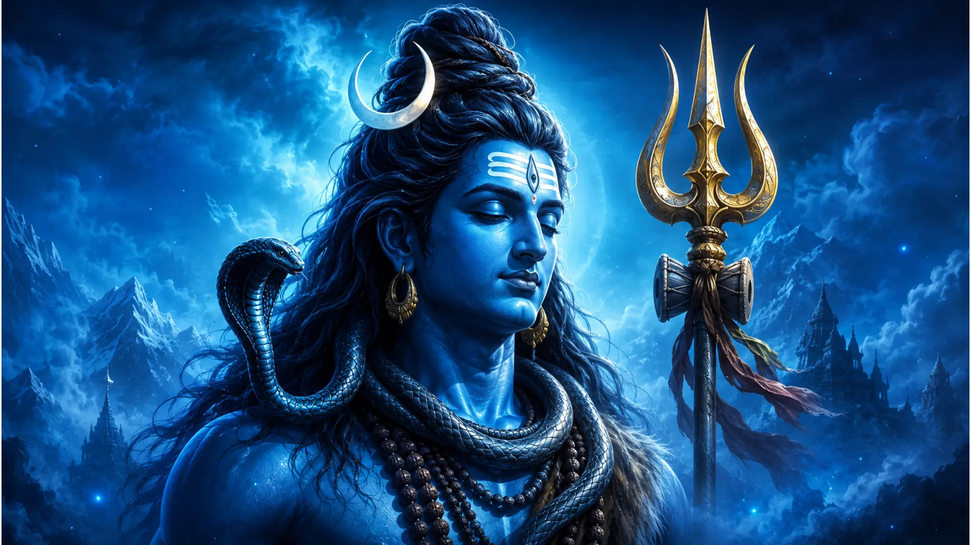 Artistic blue-toned portrait of Lord Shiva with a trident and crescent moon.