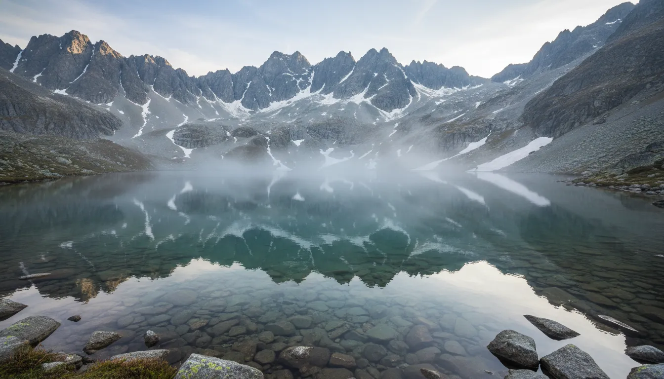 Holy Nain Sarovar alpine lake surrounded by rocky mountains and snow patches