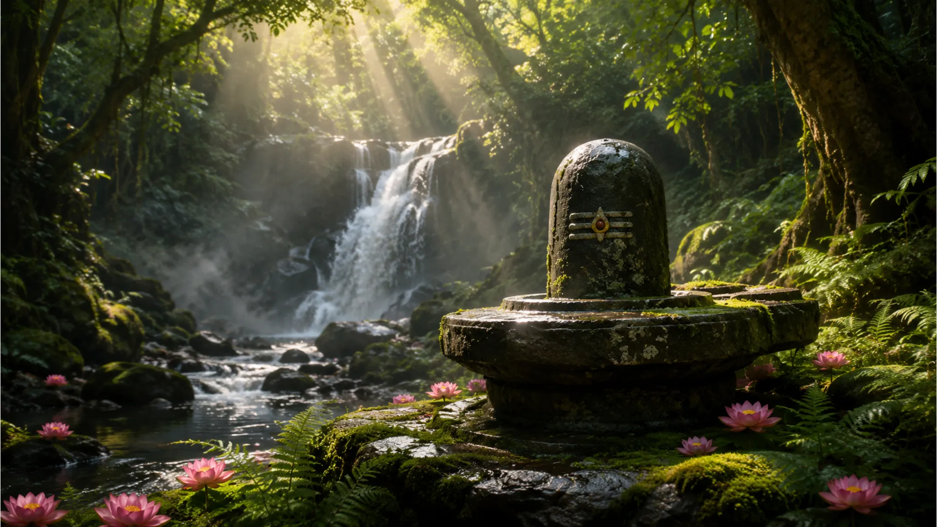Natural stone Shiva Lingam inside a green forest with a waterfall full HD wallpaper 1080p.