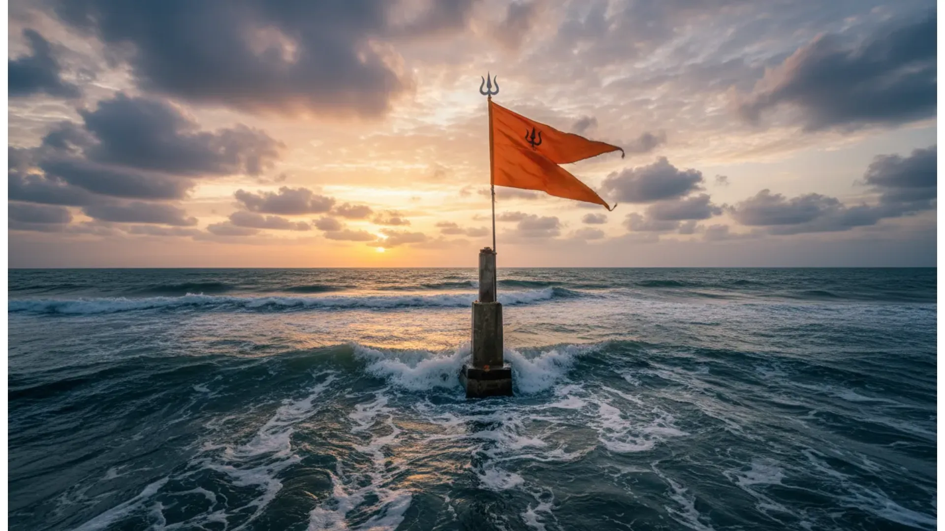 Nishkalank Mahadev Temple fully submerged in the Arabian Sea during high tide with only the flag visible.