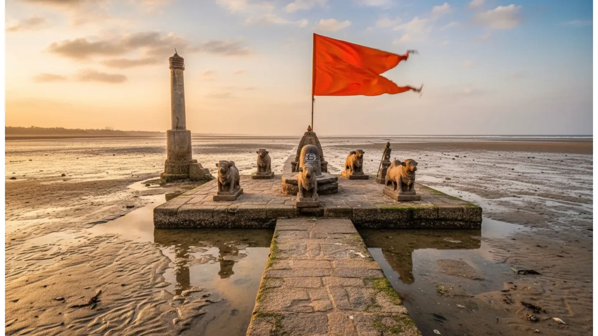 Nishkalank Mahadev Temple pillars and flags standing tall in the Arabian Sea during low tide.