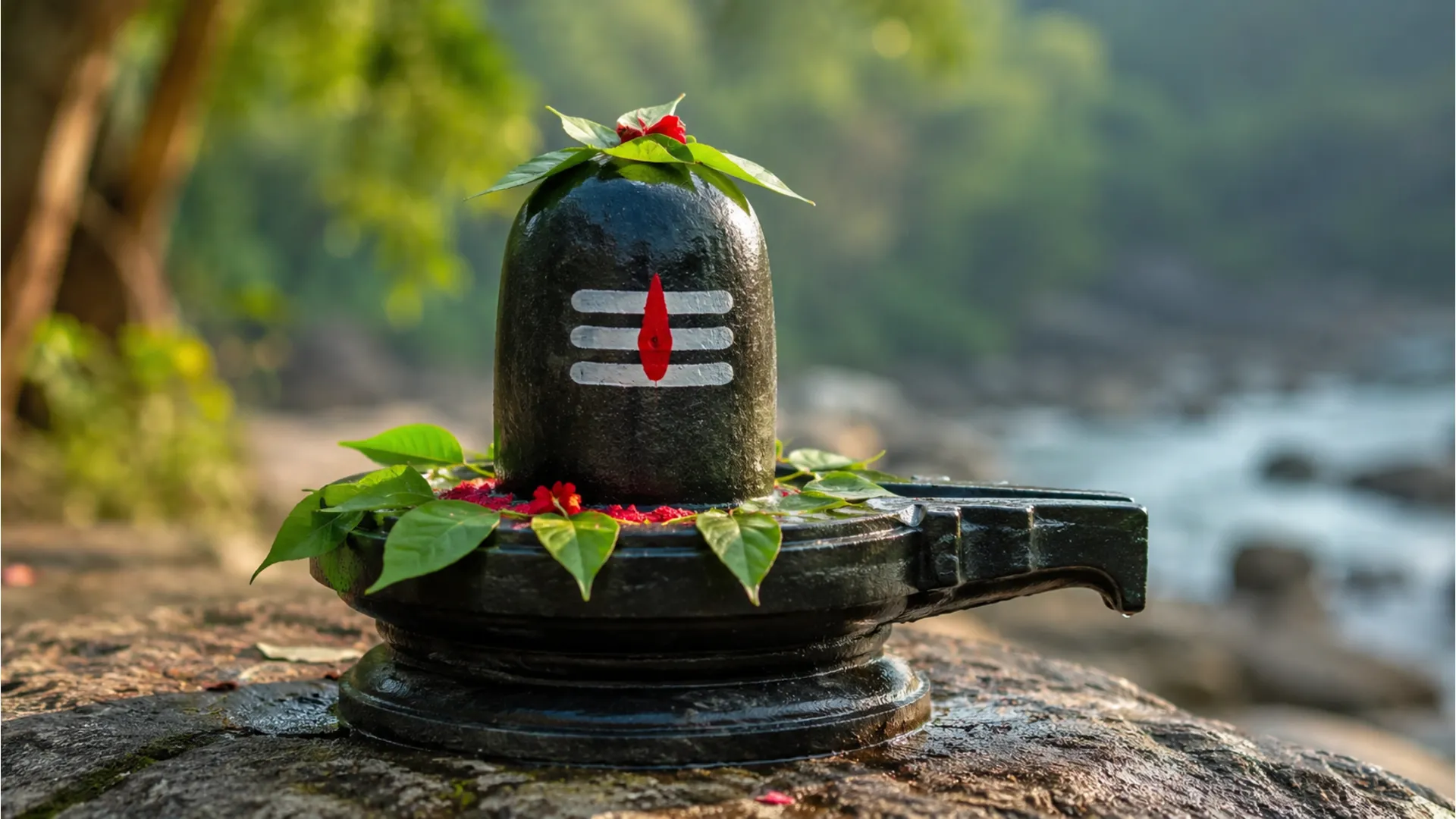 Shiva lingam outdoors decorated with green leaves and red markings