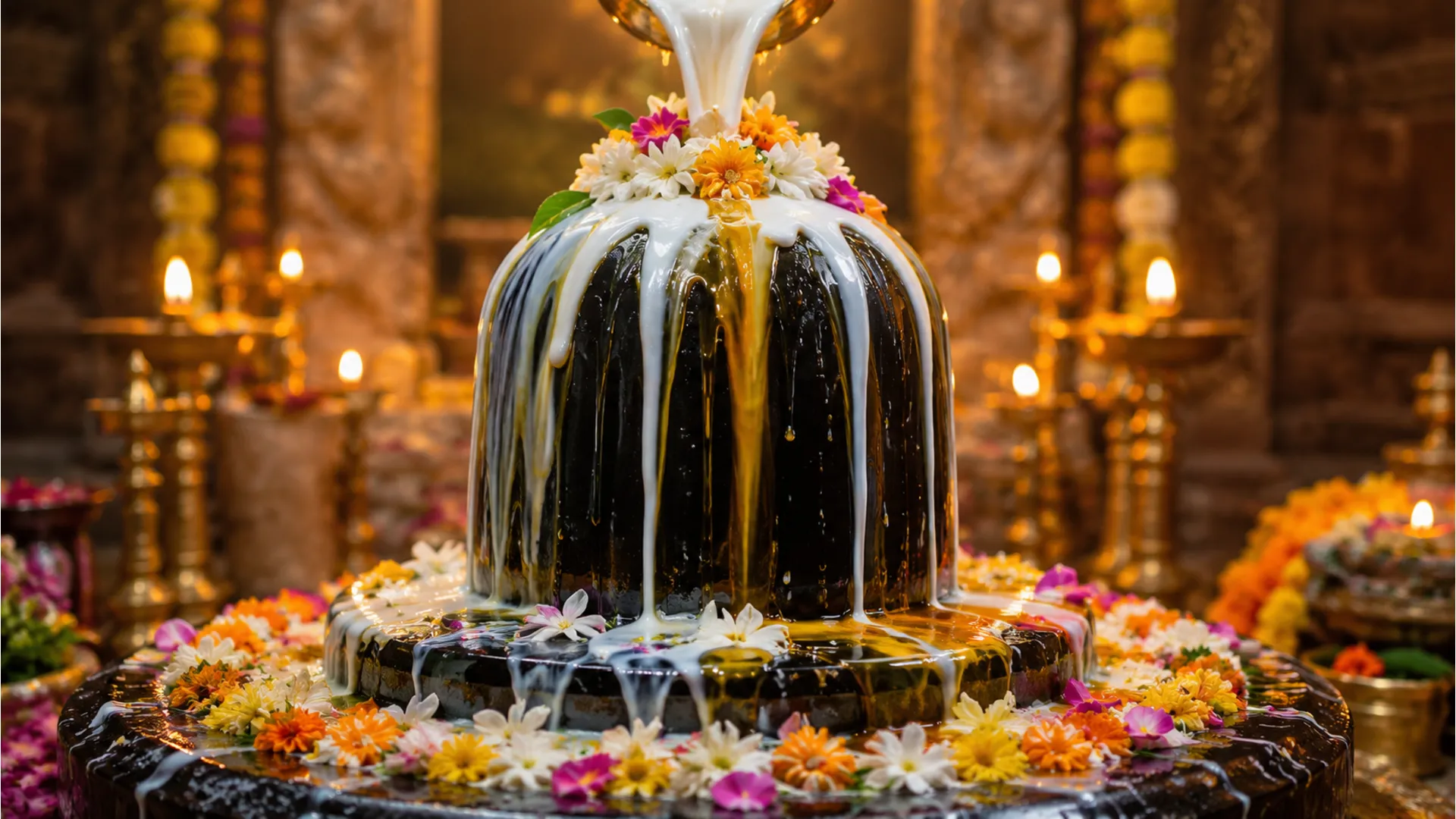 Ritual offering of milk and honey on black marble Shiva Lingam full HD wallpaper 1080p.