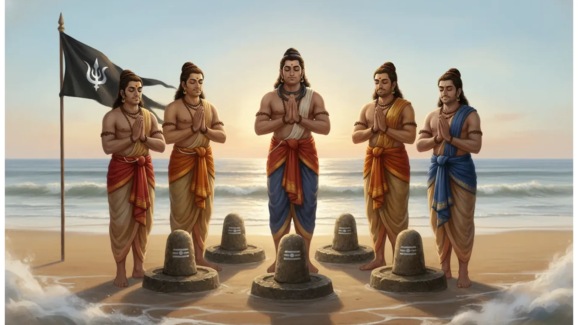 Artistic representation of the five Pandava brothers establishing the Nishkalank Mahadev Temple.