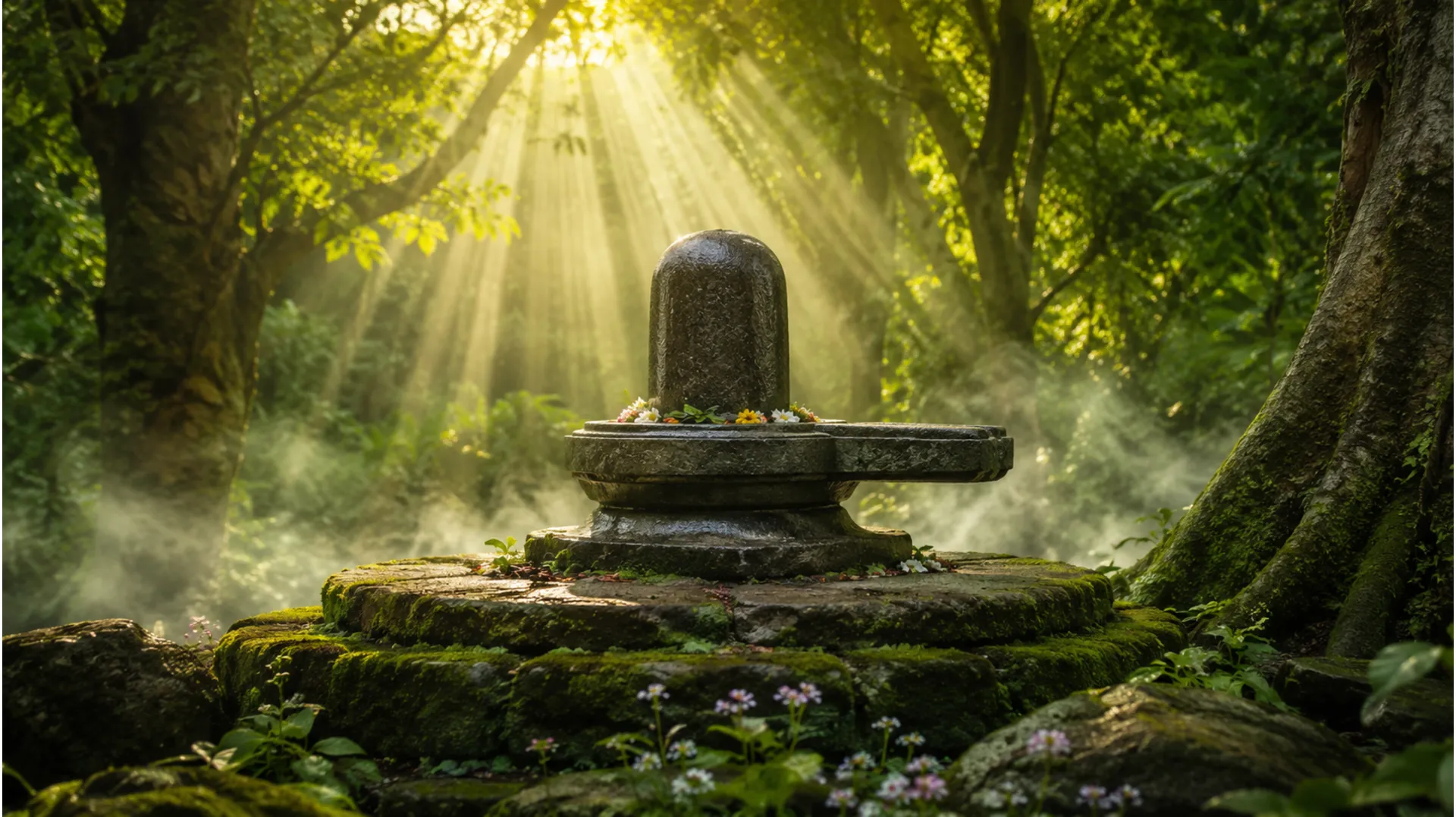 A serene stone Shiva lingam surrounded by green forest trees and soft morning sunlight beams.