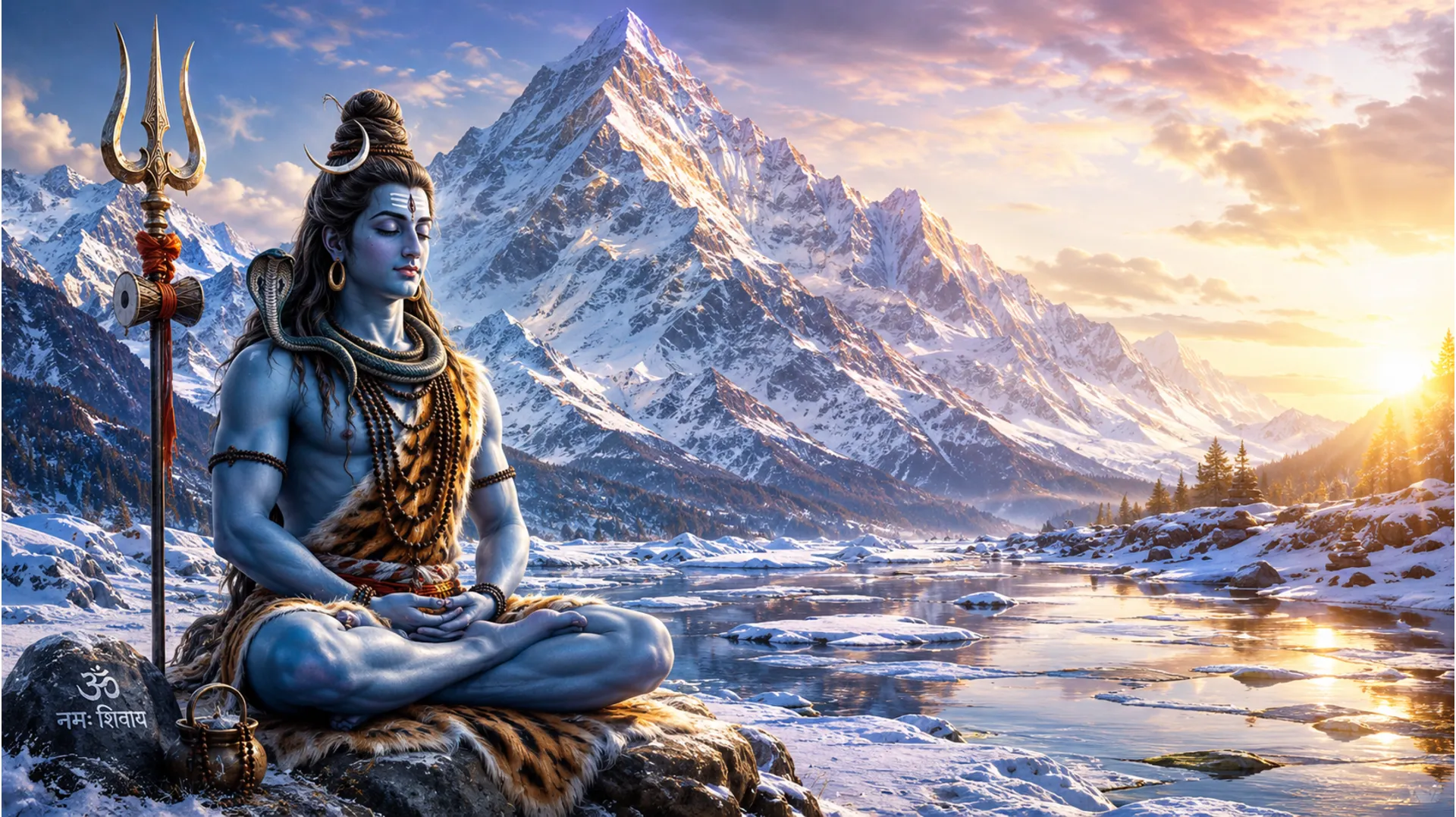 Peaceful Lord Shiva resting near a holy river in snow-covered peaks at dawn