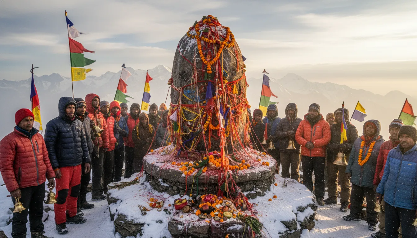 Hindu devotees offering prayers and ringing bells in front of Shrikhand Mahadev rock Shivalinga
