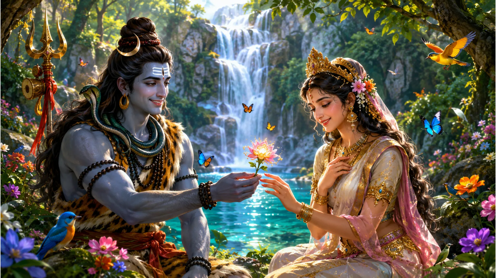 Shiva giving a beautiful forest flower to Parvati near a colorful glowing waterfall