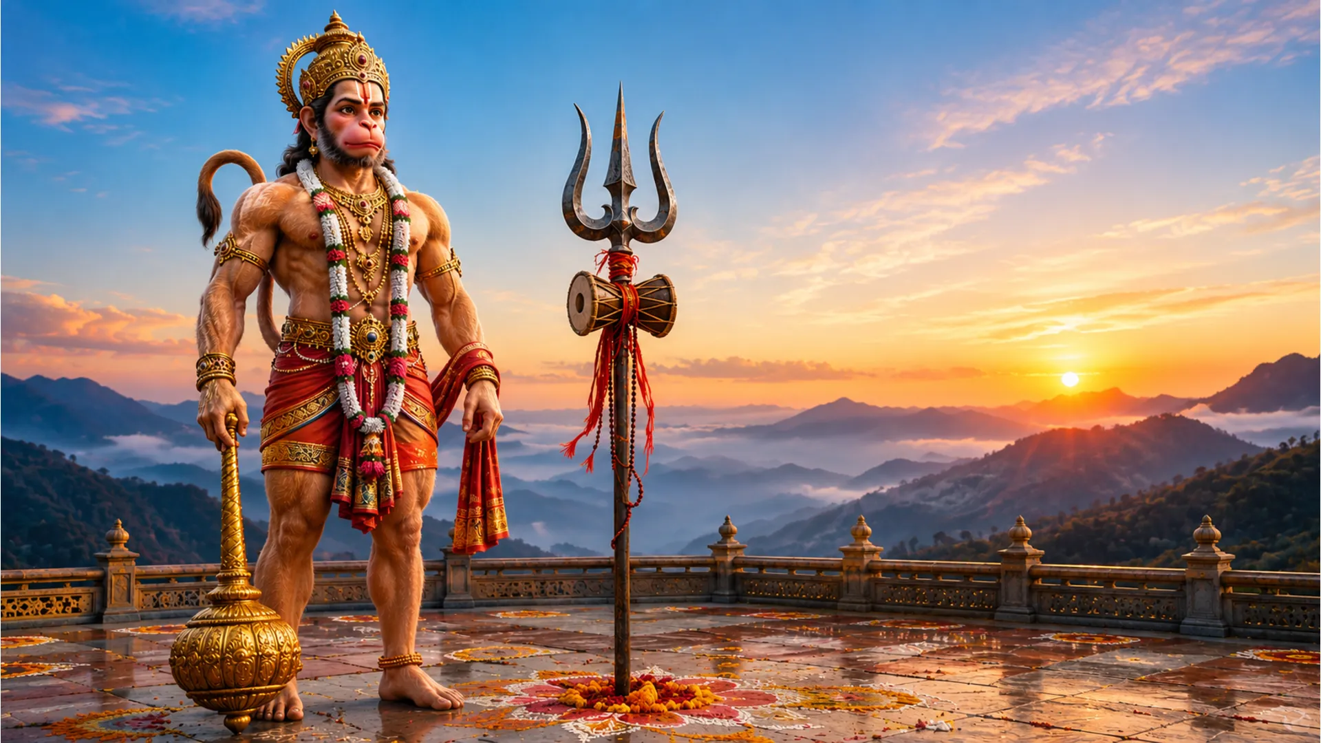 Powerful Hanuman standing with a mace surrounded by a glowing cosmic blue and gold aura.