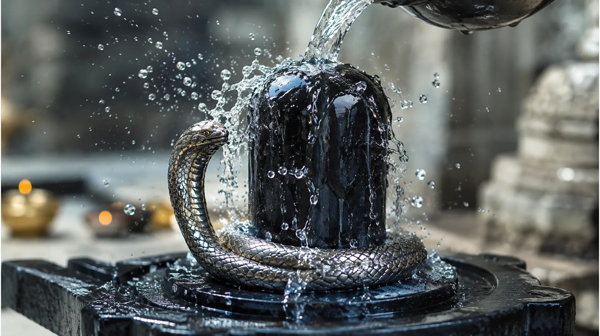 High-speed photography of fresh water droplets falling on a black marble Shiva lingam.