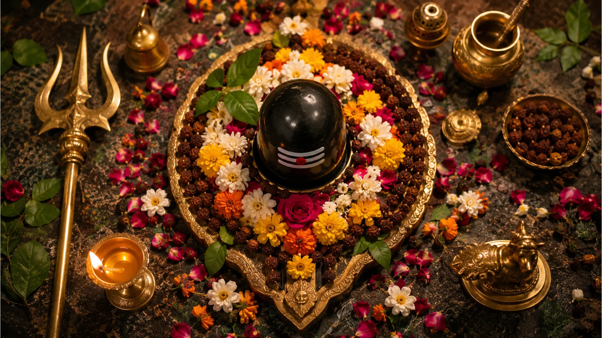 Sacred stone with bead garlands, trident, and ceremonial items