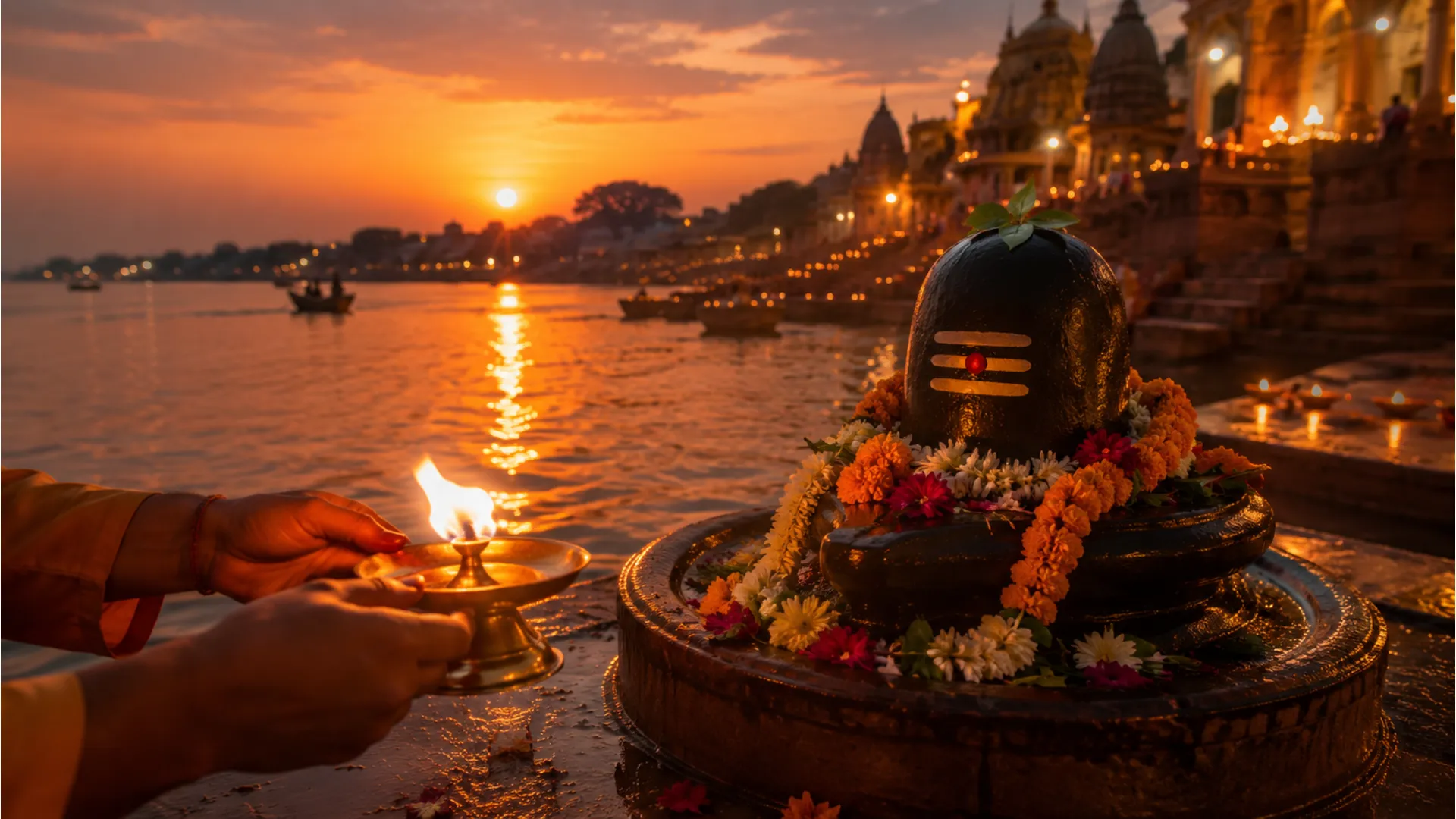 A large camphor flame held near a Shiva Lingam on the banks of a river at dusk