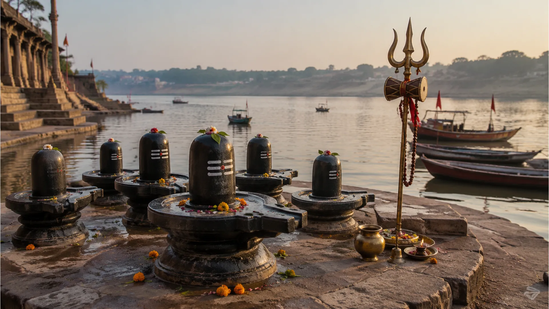 Multiple Shiva Lingams near river with trident and ritual setup