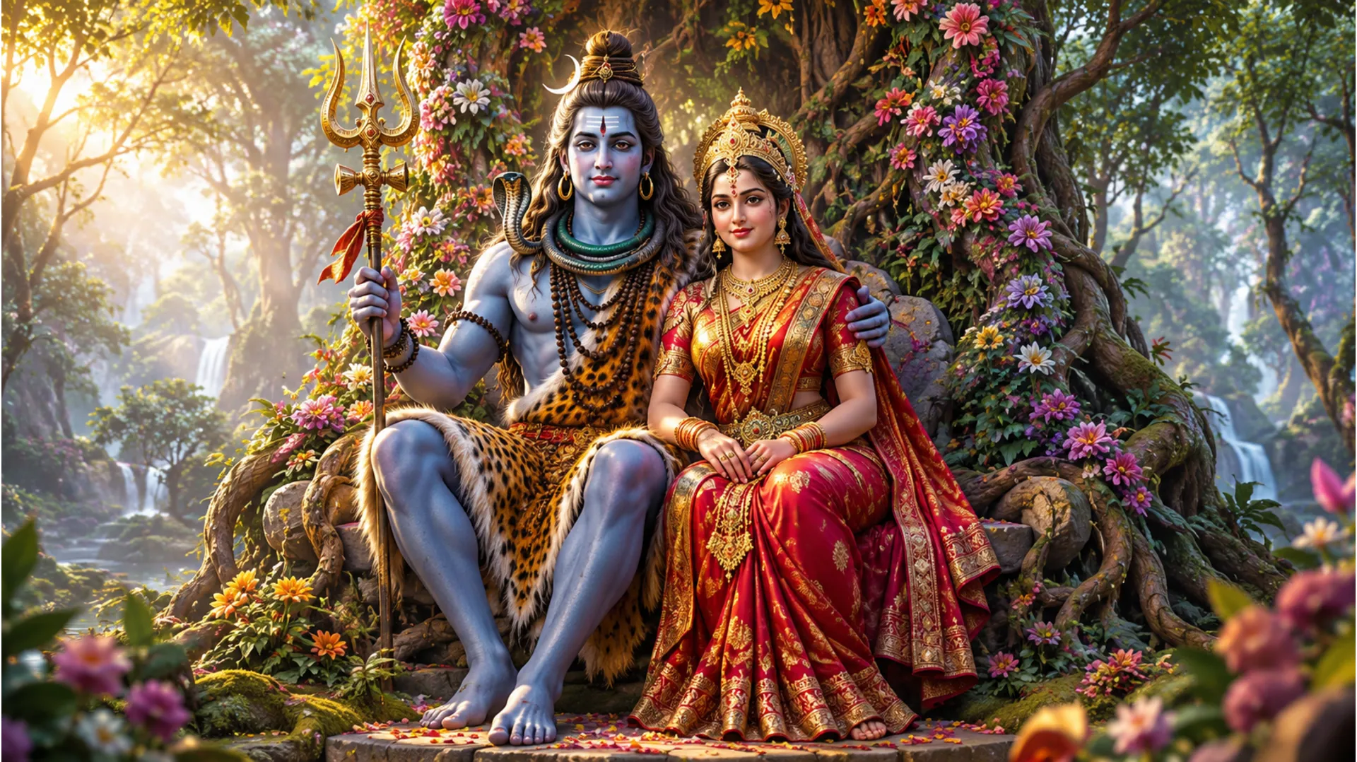 Shiva and Parvati seated together on a natural stone throne wrapped in colorful flowers