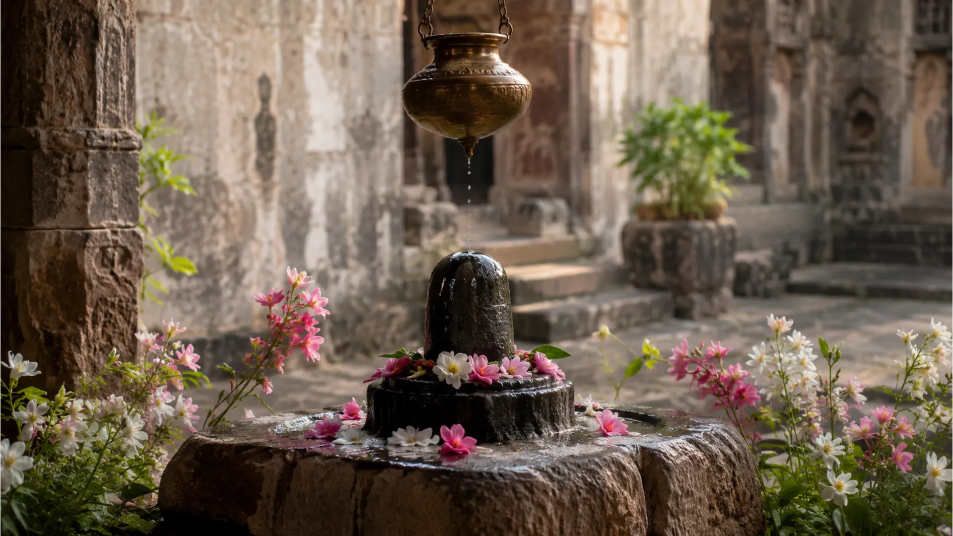 small stone shrine with water pot above and scattered flowers around
