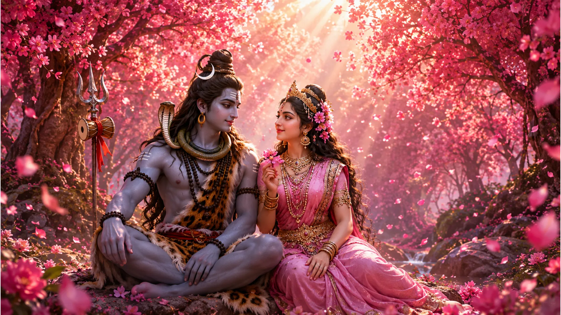 Shiva and Parvati surrounded by falling pink blossom petals in a bright sunlit woods