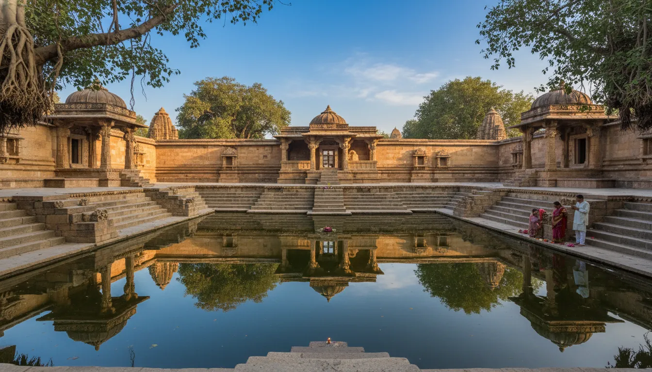 A serene view of the holy bathing pond (kund) at Mukteshwar Mahadev Temple complex.