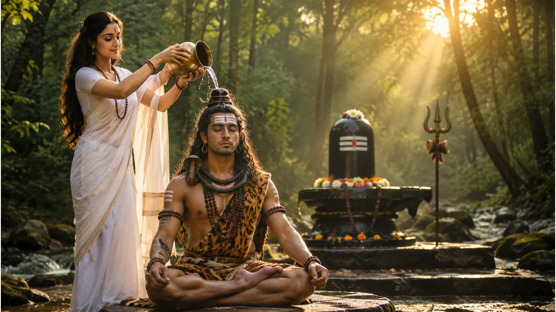 A woman in white pours water over a seated devotee dressed as Lord Shiva beside a Shiva Lingam in a forest setting.