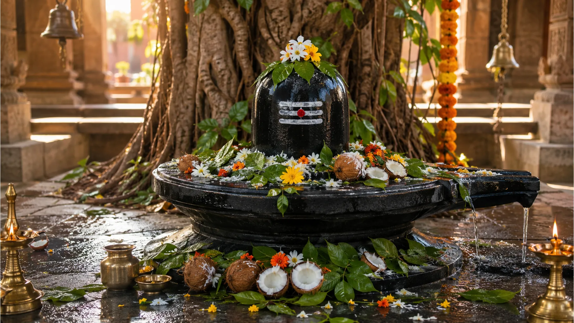 Shiva lingam decorated with flowers, leaves, and coconut inside a temple