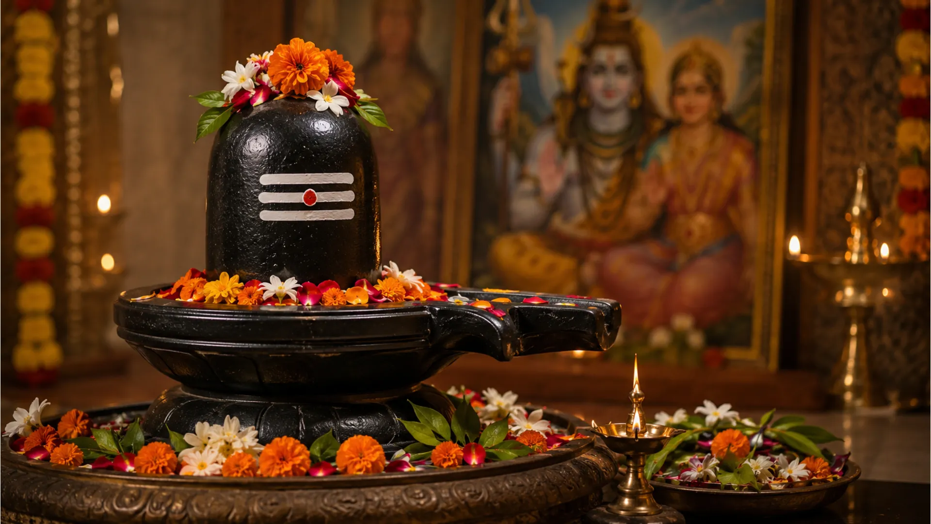 Black Shiva lingam decorated with colorful flowers and placed on a ritual base indoors