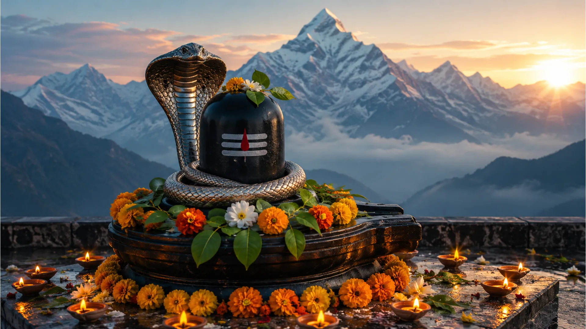 Shiva lingam decorated with flowers, snake, oil lamps and spiritual setup