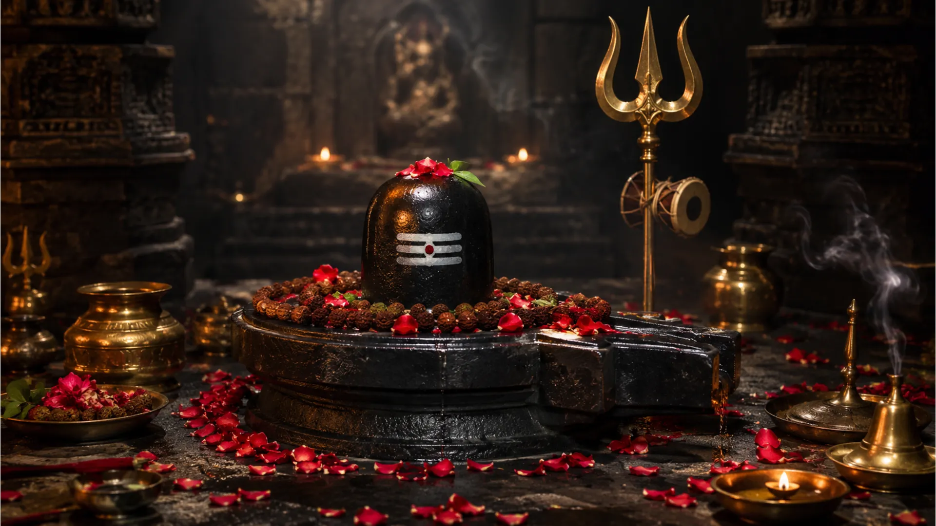 Shiva lingam decorated with rudraksha beads, flowers, and trident on black stone base